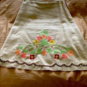 LOFT tan A-line skirt with embroidered design